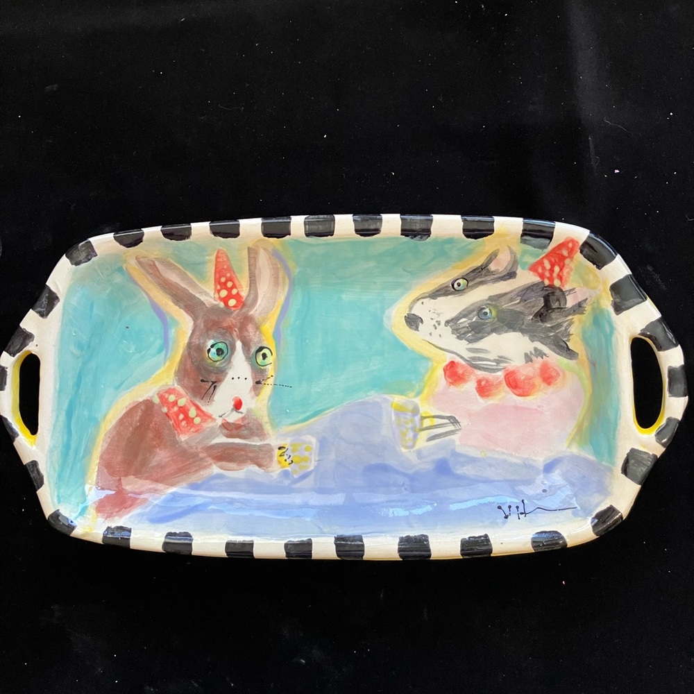 Handmade Ceramic Serving Tray w/ Handles Bunny And Badger “Design 15”x8”
